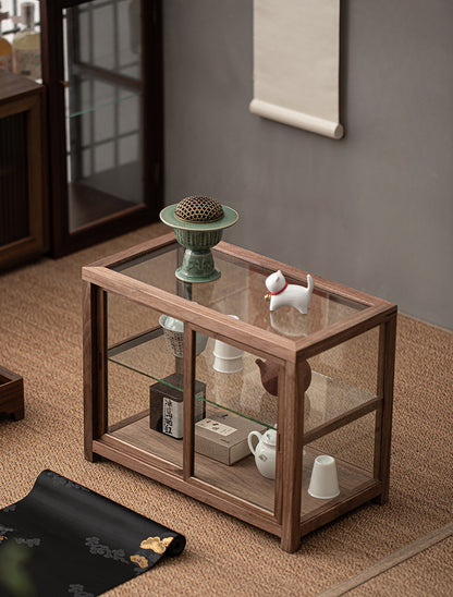 Gohobi Walnut Wood Glass Tea Cabinet (Double Sliding Door)