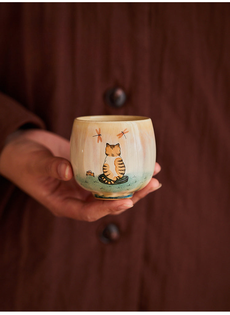 Gohobi Hand-Painted Retro Orange Cat Tea Cup