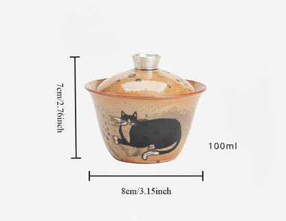 Gohobi Handmade Black Ink Hand-painted Cat Gaiwan 007