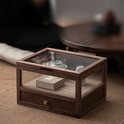 Gohobi Walnut Wood Glass Tea Cabinet with Drawer