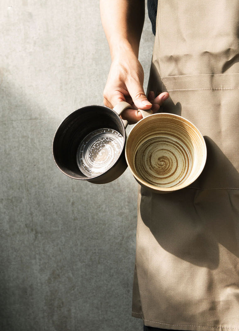 Gohobi Handmade Stoneware Black and Brown Coffee Mug and Saucer