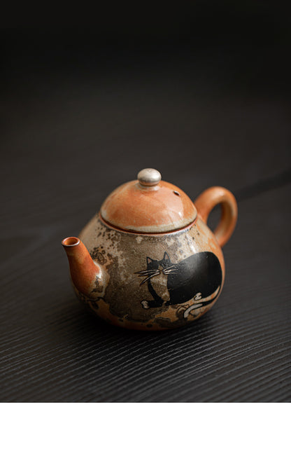 Gohobi Handmade Black Ink Hand-painted Cat Teapot 012