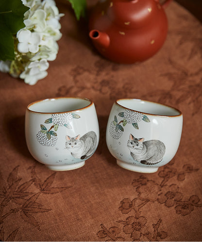 Gohobi Hand-painted Grey Cat Hydrangeas Ceramic Tea Cup