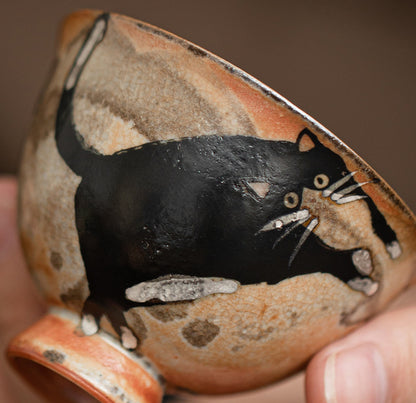 Gohobi Handmade Black Ink Hand-painted Cat Tea Cup 002