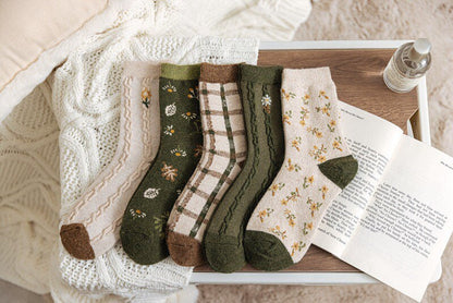 Floral wool socks Women Winter Socks gift wool flowers floral Korean Japanese green