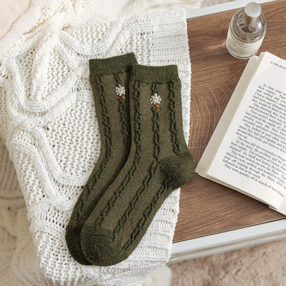 Floral wool socks Women Winter Socks gift wool flowers floral Korean Japanese green