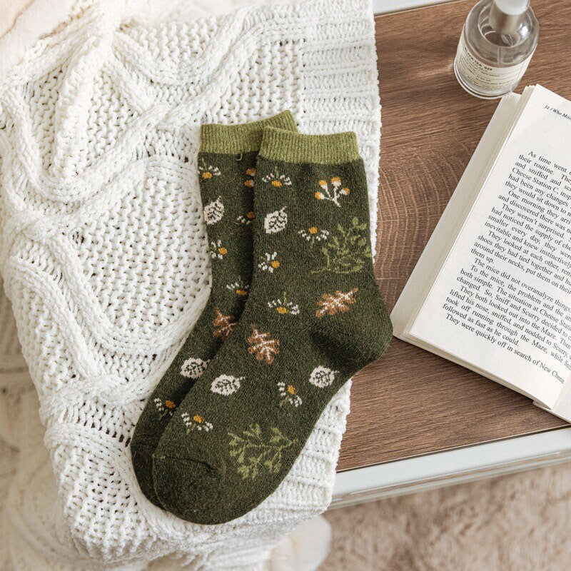 Floral wool socks Women Winter Socks gift wool flowers floral Korean Japanese green