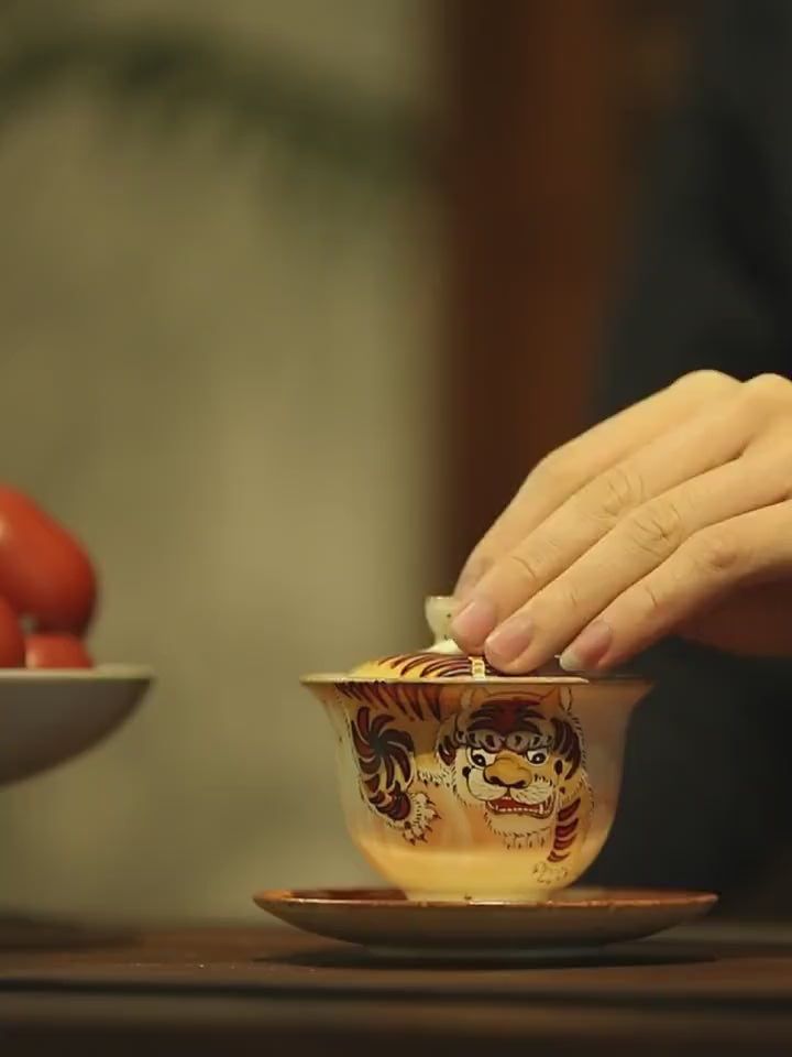 Gohobi Tiger Handmade gaiwan Tea cup and Set. Hand painted, Rustic, Minimalistic Japanese Tea, Green Tea, Gongfu tea