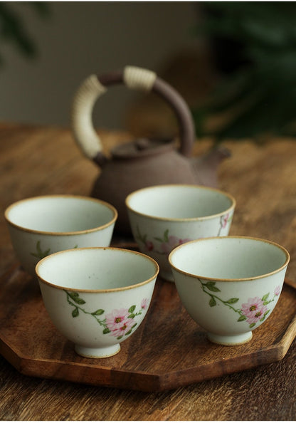 Gohobi Hand painted ceramic Flowers tea cup Chinese Gongfu tea Kung fu tea Japanese Chado peach blossom