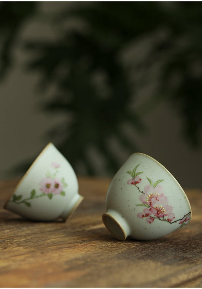 Gohobi Hand painted ceramic Flowers tea cup Chinese Gongfu tea Kung fu tea Japanese Chado peach blossom