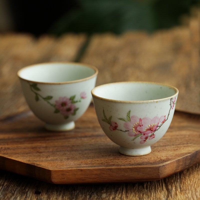 Gohobi Hand painted ceramic Flowers tea cup Chinese Gongfu tea Kung fu tea Japanese Chado peach blossom