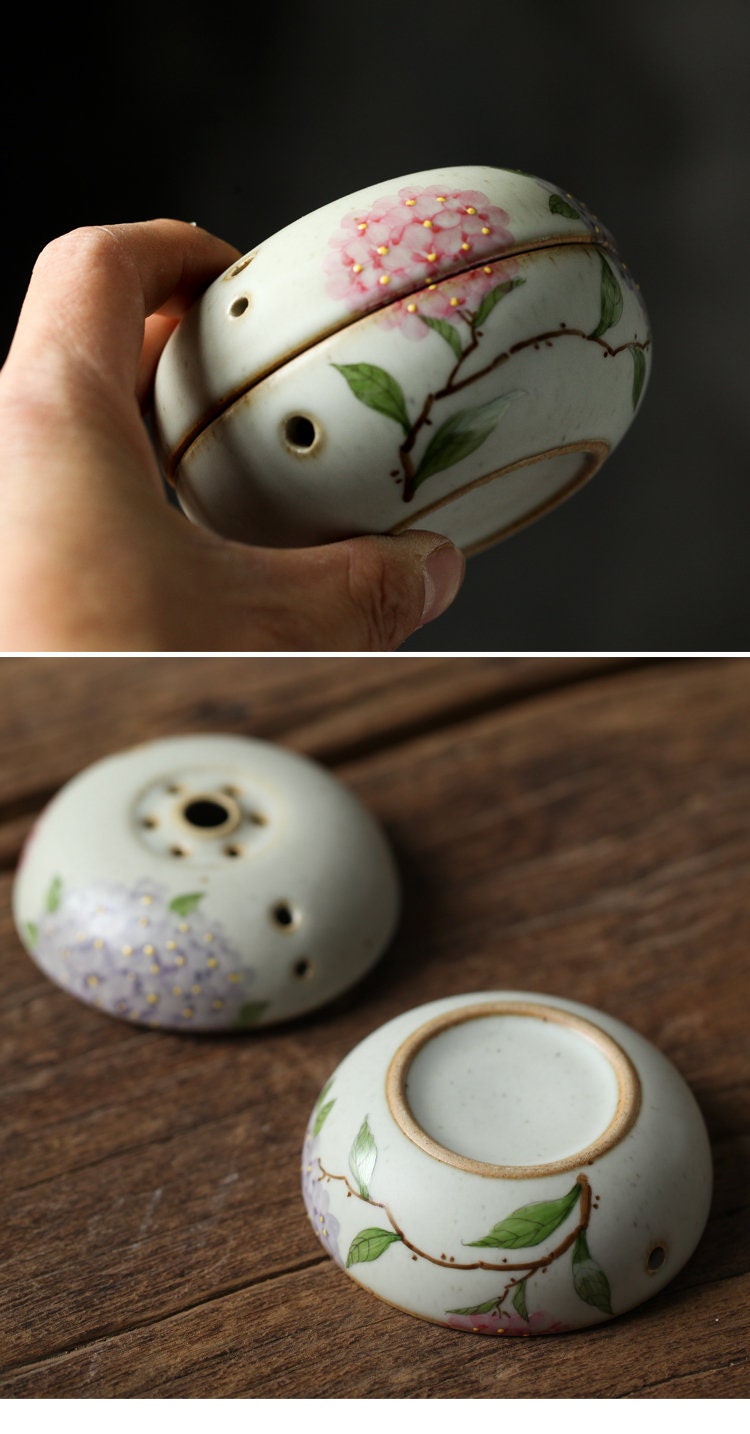 Gohobi Hand painted Hydrangea Ceramic Incense bowl Incense holder Gongfu tea Japanese Chado