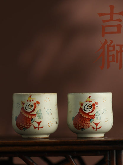 Gohobi Hand painted Chinese Lion dance Tea Cup Ceramic Chinese Gongfu tea Kung fu tea Japanese Chado