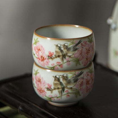 Gohobi Hand painted Peach Blossom Bird Tea Cup Ceramic Chinese Gongfu tea Kung fu tea Japanese Chado by local young designer