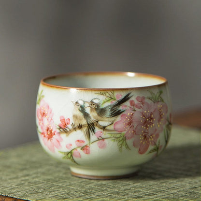 Gohobi Hand painted Peach Blossom Bird Tea Cup Ceramic Chinese Gongfu tea Kung fu tea Japanese Chado by local young designer