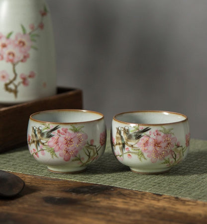 Gohobi Hand painted Peach Blossom Bird Tea Cup Ceramic Chinese Gongfu tea Kung fu tea Japanese Chado by local young designer