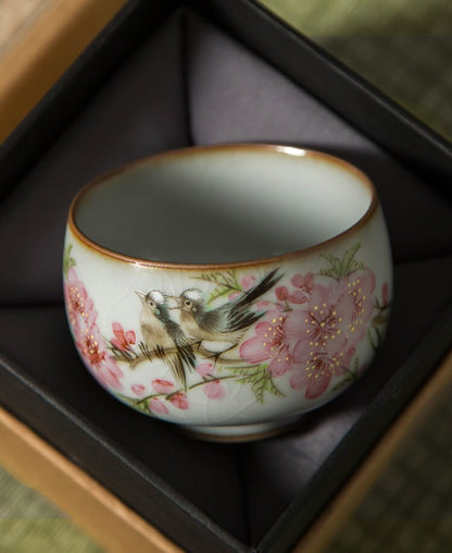 Gohobi Hand painted Peach Blossom Bird Tea Cup Ceramic Chinese Gongfu tea Kung fu tea Japanese Chado by local young designer