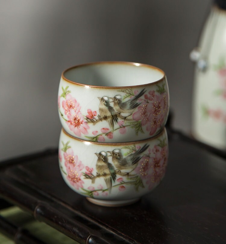 Gohobi Hand painted Peach Blossom Bird Tea Cup Ceramic Chinese Gongfu tea Kung fu tea Japanese Chado by local young designer