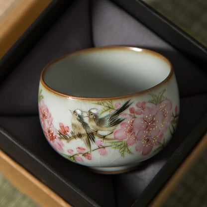 Gohobi Hand painted Peach Blossom Bird Tea Cup Ceramic Chinese Gongfu tea Kung fu tea Japanese Chado by local young designer