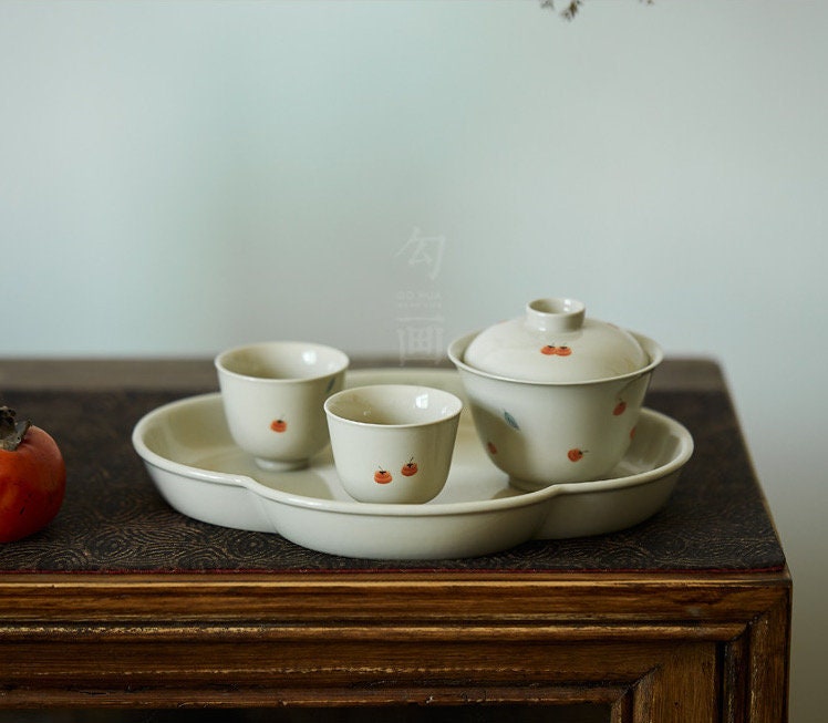 Gohobi Tea ceremony Handmade Persimmon Tea bowl and Set. Hand-painted, Rustic, Minimalistic Japanese Tea, Green Tea, Gongfu tea, Teabowl