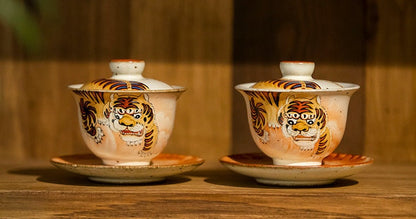 Gohobi Tiger Handmade gaiwan Tea cup and Set. Hand painted, Rustic, Minimalistic Japanese Tea, Green Tea, Gongfu tea