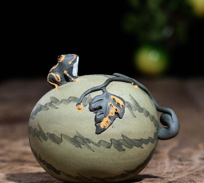 Gohobi Handmade ceramic YiXing clay fruit and Frog Tea ornaments Tea pets Chinese Gongfu tea Kung fu tea Japanese Chado unique ornaments