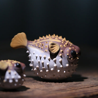 Gohobi Handmade pufferfish ornaments Tea pets ceramic YiXing clay  Chinese Gongfu tea Kung fu tea Japanese Chado unique ornaments