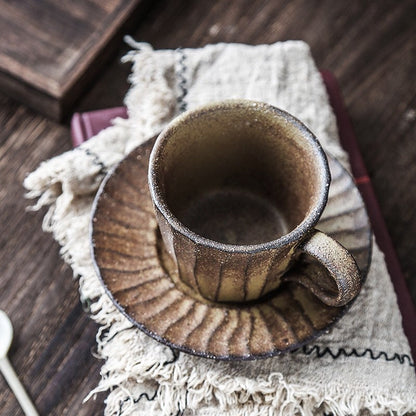 Gohobi Handmade stoneware Coffee cup and saucer Textured Mug Japanese vintage style coffee mug tea cup tea mug