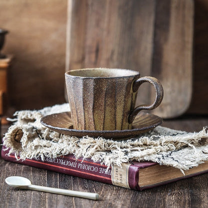 Gohobi Handmade stoneware Coffee cup and saucer Textured Mug Japanese vintage style coffee mug tea cup tea mug