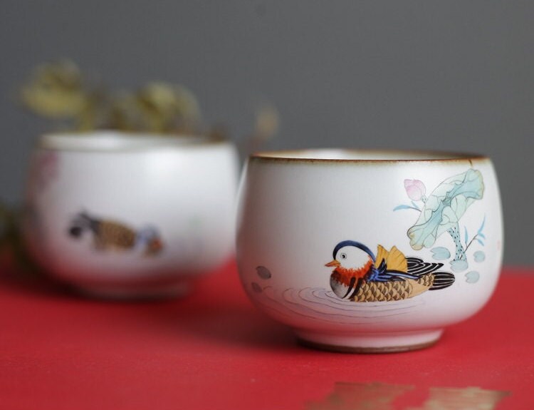Gohobi A set of 2 hand painted Mandarin duck Tea Cups birthday wedding gift handmade cup