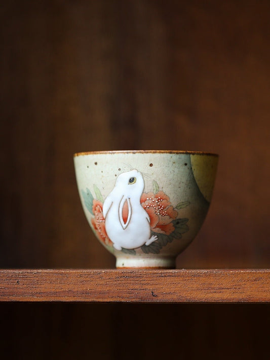 Gohobi Rabbit Handmade Tea cup, Hand painted, vintage, high quality, Rustic, Minimalistic Japanese Tea, Green Tea, Gongfu tea