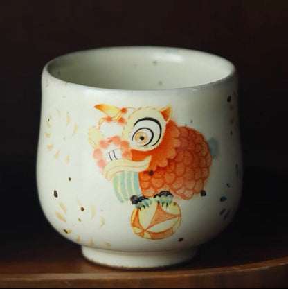 Gohobi Hand painted Chinese Lion dance Tea Cup Ceramic Chinese Gongfu tea Kung fu tea Japanese Chado