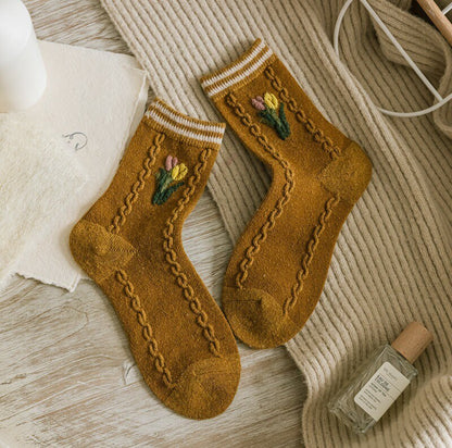 Floral wool socks gift Women Winter Socks gift wool flowers Korean Japanese yellow