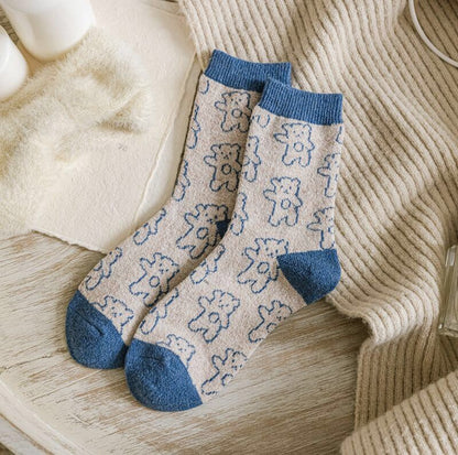 Bear wool socks gift Women Winter Socks gift flowers floral Korean Japanese blue