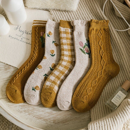 Floral wool socks gift Women Winter Socks gift wool flowers Korean Japanese yellow