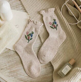 Floral wool socks gift Women Winter Socks gift wool flowers Korean Japanese yellow