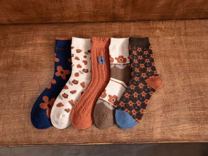 Floral wool socks gift Women Winter Socks orange gift flowers Korean Japanese