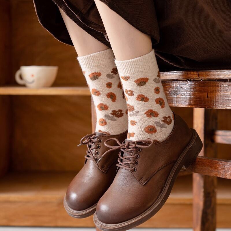 Floral wool socks gift Women Winter Socks orange gift flowers Korean Japanese