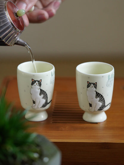 Gohobi Hand painted Cat Tea Cup Sake cup Ceramic Chinese Gongfu tea Kung fu tea Japanese Chado by local young designer