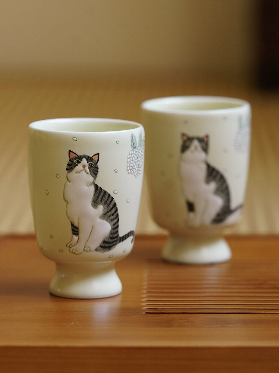 Gohobi Hand painted Cat Tea Cup Sake cup Ceramic Chinese Gongfu tea Kung fu tea Japanese Chado by local young designer