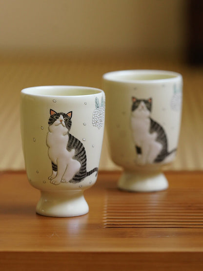 Gohobi Hand painted Cat Tea Cup Sake cup Ceramic Chinese Gongfu tea Kung fu tea Japanese Chado by local young designer