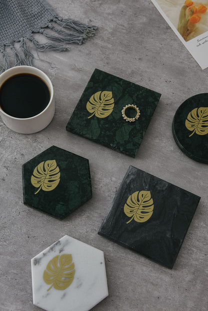 Gohobi A set of 4 marble coasters Monstera pattern placemats, square, hexagon shaped, round shaped, handmade gift set Swiss cheese plant