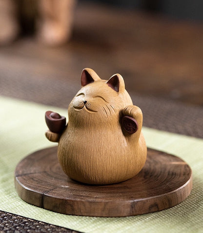 Gohobi Handmade cat ornaments Tea pets ceramic YiXing clay  Chinese Gongfu tea Kung fu tea Japanese Chado unique ornaments