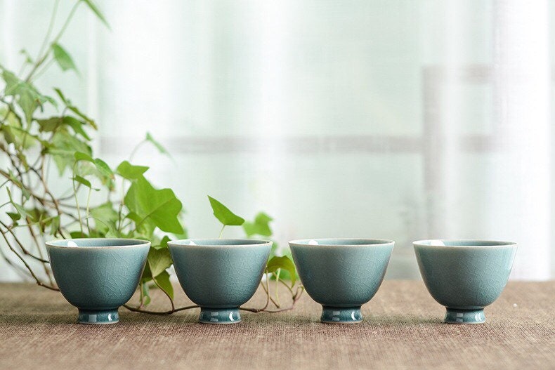 Gohobi Handmade Teal ceramic tea cup Chinese Gongfu tea Kung fu tea Japanese Chado crystal gemstone colour [Ice crack collection] 