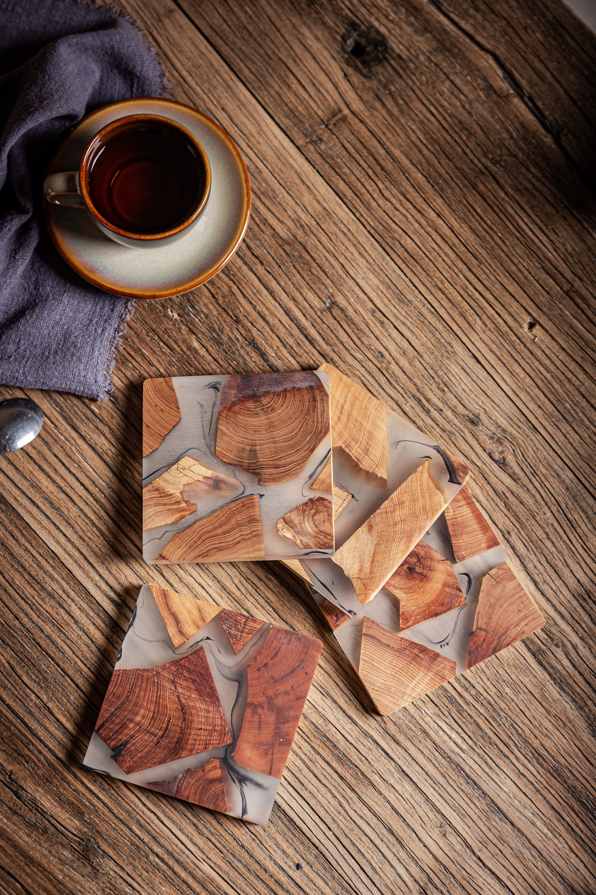 Set of on sale Wood Coaster Resin Coasters Square shape epoxy tea drink unique handmade