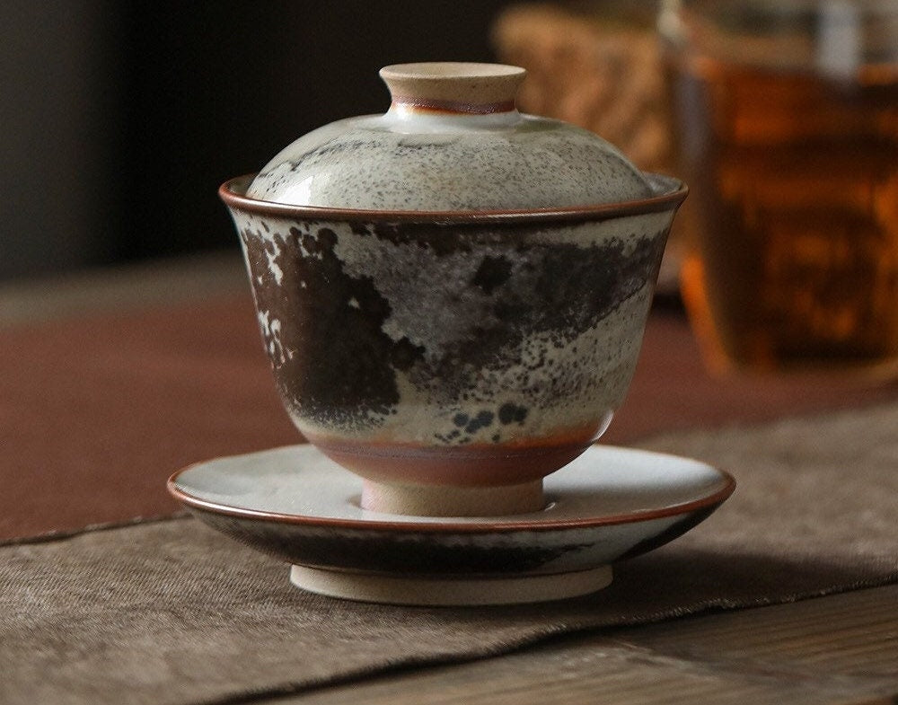 Gohobi Handmade ceramic Gaiwan Chinese Gongfu tea Japanese Teacup small green tea cup [Black ink collection] 