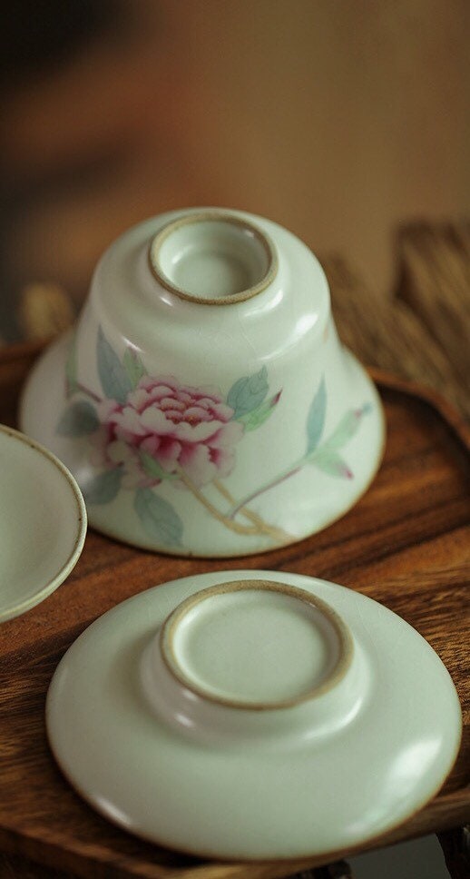 Gohobi Handmade floral gaiwan Tea cup Set, Hand painted, vintage, high quality, Rustic, Japanese Tea, Green Tea, Gongfu tea, Peony