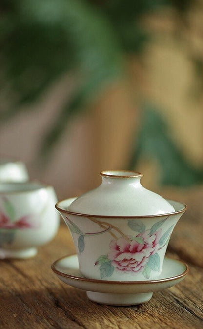 Gohobi Handmade floral gaiwan Tea cup Set, Hand painted, vintage, high quality, Rustic, Japanese Tea, Green Tea, Gongfu tea, Peony