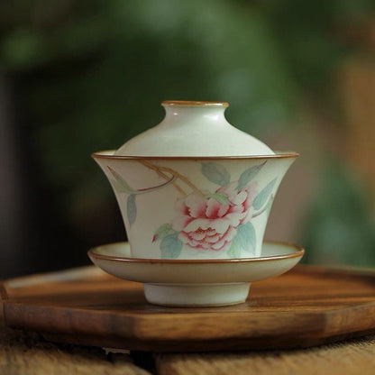 Gohobi Handmade floral gaiwan Tea cup Set, Hand painted, vintage, high quality, Rustic, Japanese Tea, Green Tea, Gongfu tea, Peony