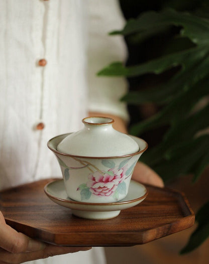 Gohobi Handmade floral gaiwan Tea cup Set, Hand painted, vintage, high quality, Rustic, Japanese Tea, Green Tea, Gongfu tea, Peony